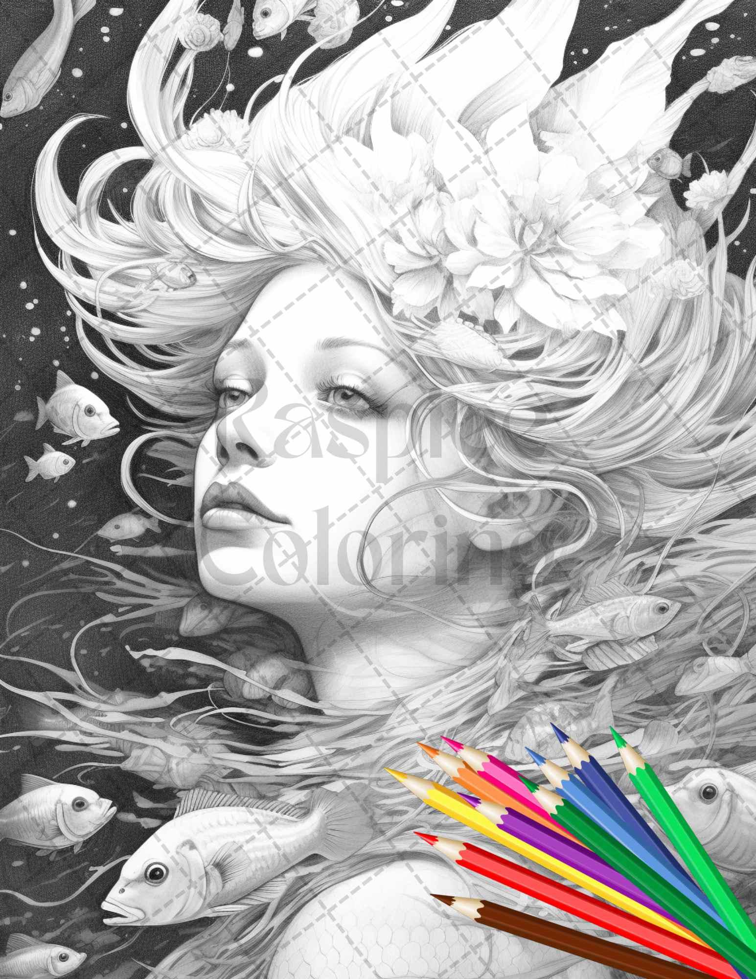 40 Enchanted Mermaid Grayscale Coloring Pages Printable for Adults, PDF File Instant Download