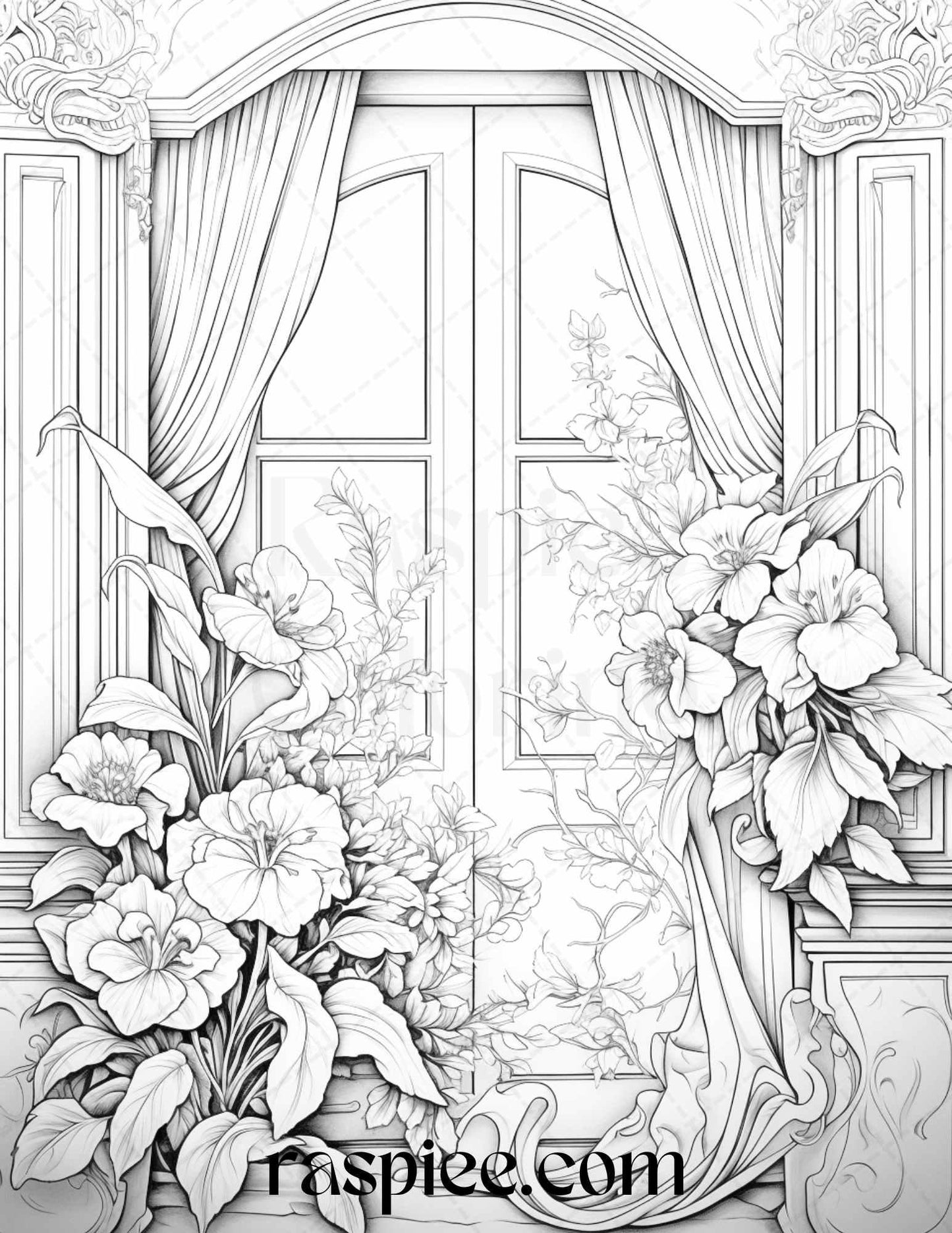 50 Blooming Windows Grayscale Coloring Pages Printable for Adults, PDF File Instant Download