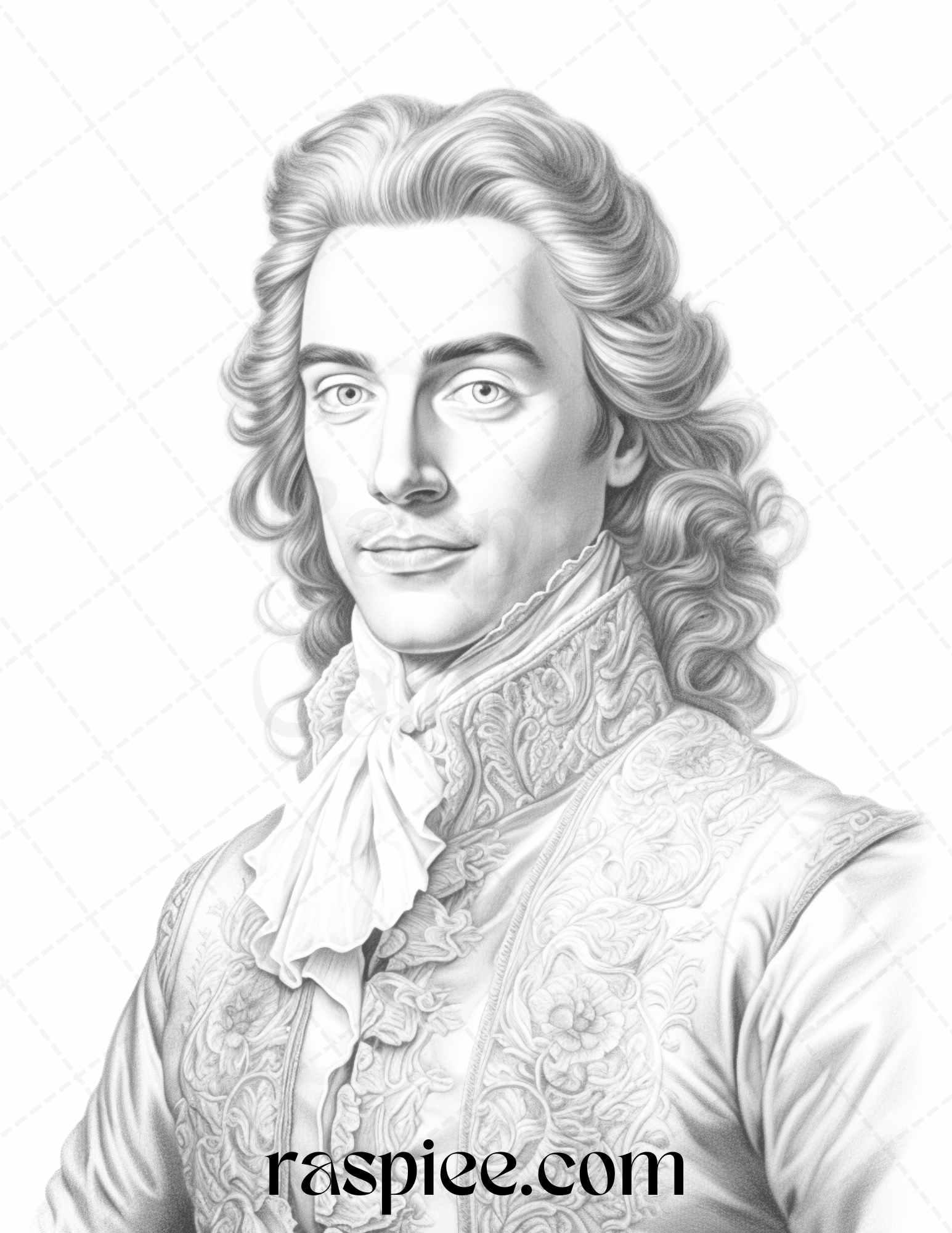 50 Baroque Man Portrait Grayscale Graysale Coloring Pages Printable for Adults, PDF File Instant Download