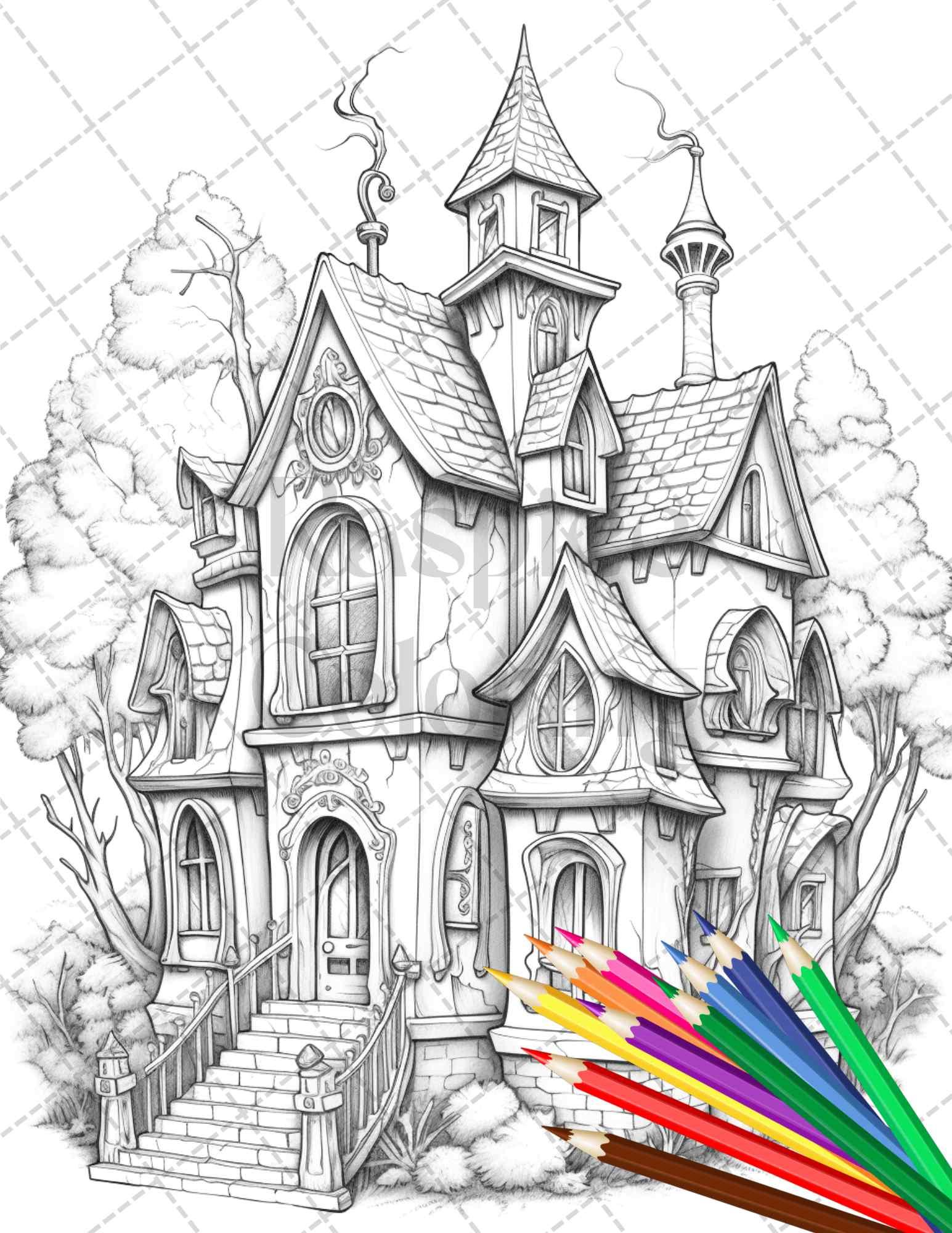 40 Creepy Gothic Houses Grayscale Coloring Pages Printable for Adults, PDF File Instant Download