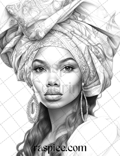 40 Beautiful African Women Grayscale Coloring Pages Printable for Adults, PDF File Instant Download