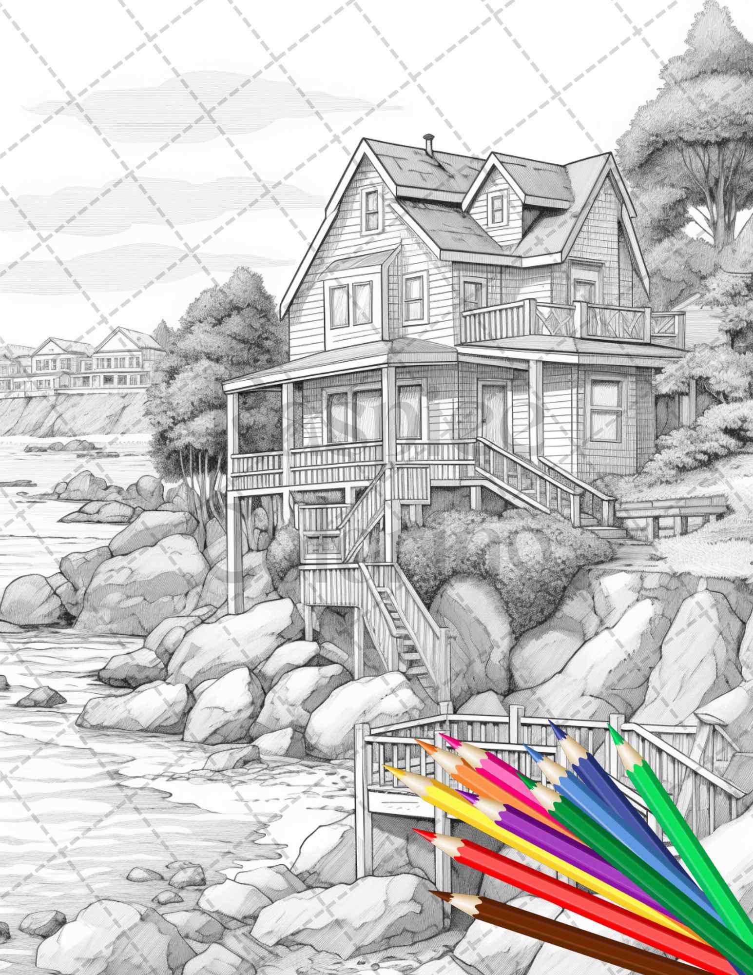 42 Wooden Beach Houses Grayscale Coloring Pages Printable for Adults, PDF File Instant Download