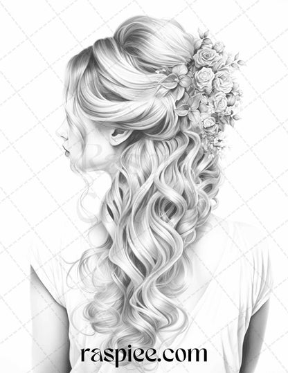 43 Beautiful Hairstyles Grayscale Coloring Pages Printable for Adults, PDF File Instant Download