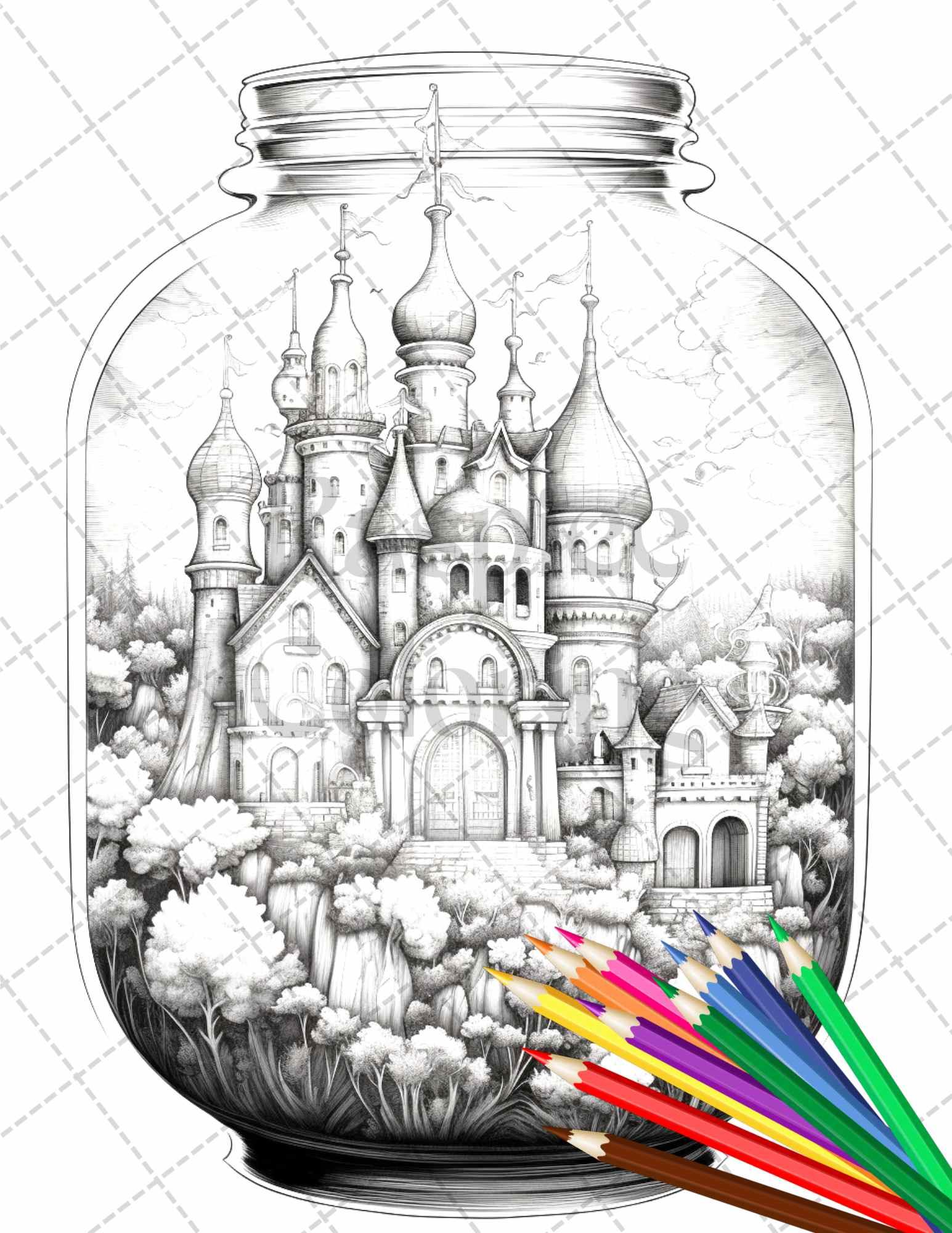 42 Fantasy Castle In Jar Grayscale Coloring Pages Printable for Adults, PDF File Instant Download