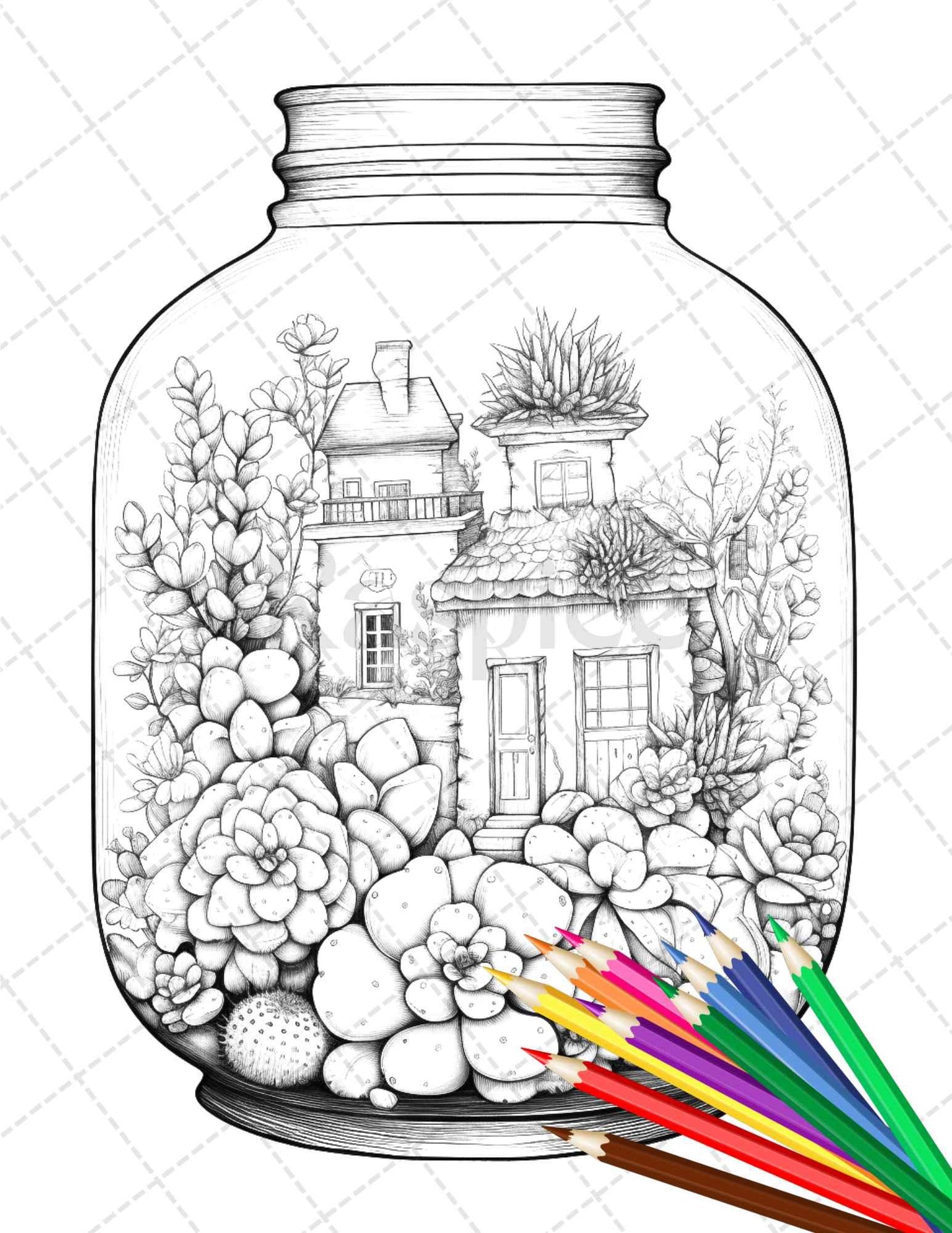 34 Enchanted Terrarium Grayscale Coloring Pages Printable for Adults, PDF File Instant Download