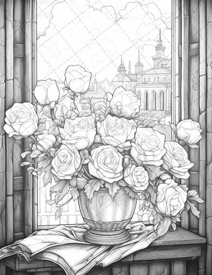 40 Captivating Roses Grayscale Coloring Pages Printable for Adults, PDF File Instant Download