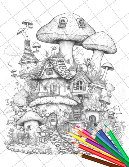 32 Whimsical Mushroom House Coloring Pages for Adults, Grayscale Coloring Book, Printable PDF File Download