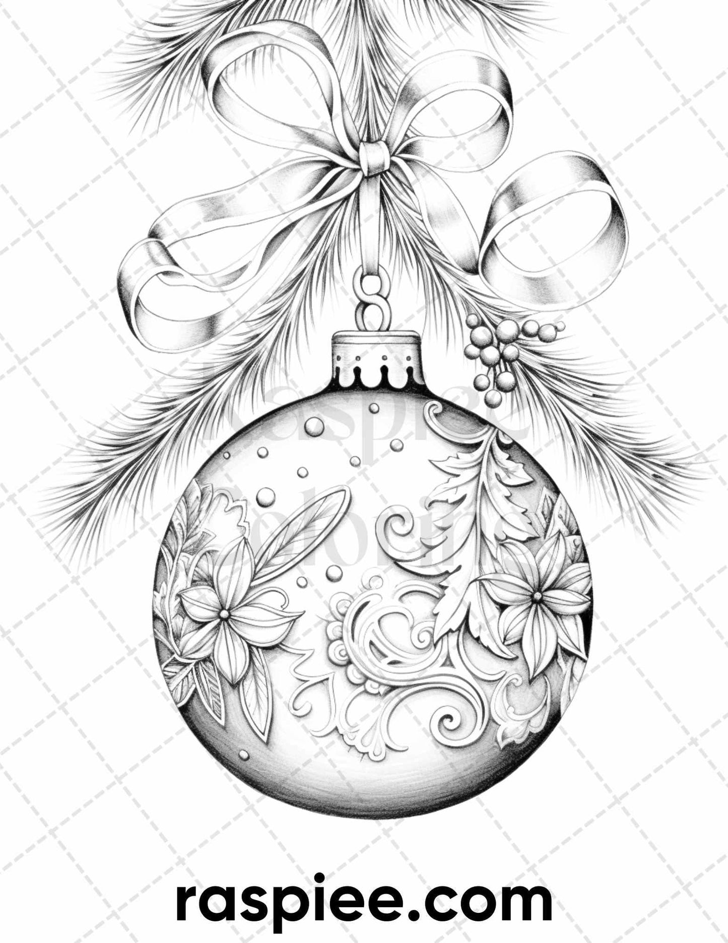 40 Christmas Balls Grayscale Coloring Pages Printable for Adults, PDF File Instant Download