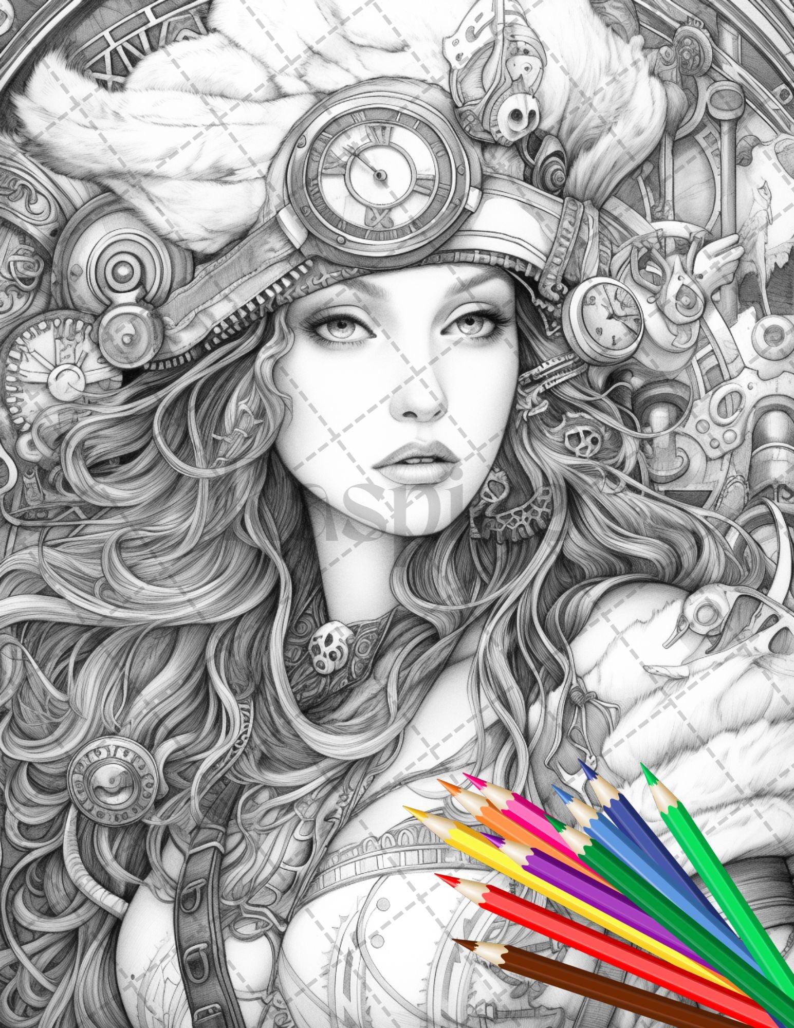 48 Beautiful Pirate Princess Coloring Book Printable for Adults, Grayscale Coloring Page, PDF File Instant Download