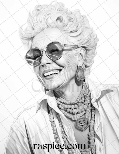 40 Fashionista Grandma Grayscale Coloring Pages Printable for Adults, PDF File Instant Download