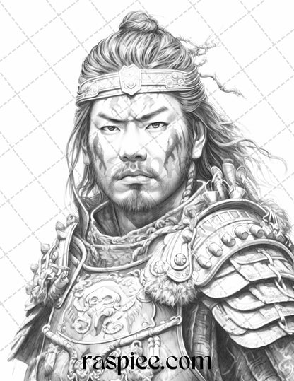 42 Japanese Samurai Grayscale Coloring Pages for Adults, Printable PDF File Instant Download