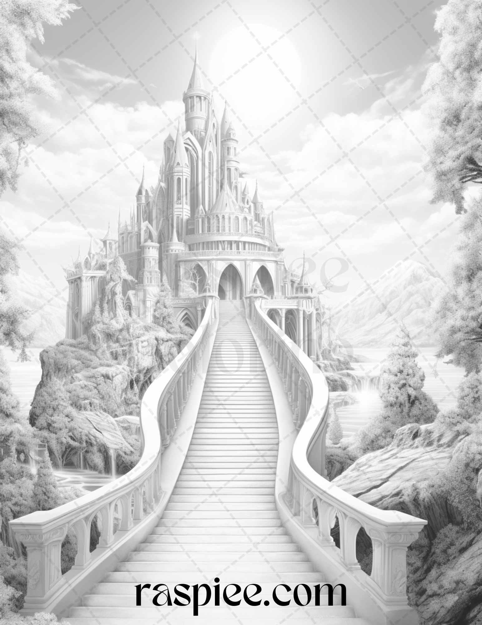 40 Fantasy Landscapes Grayscale Coloring Pages Printable for Adults, PDF File Instant Download