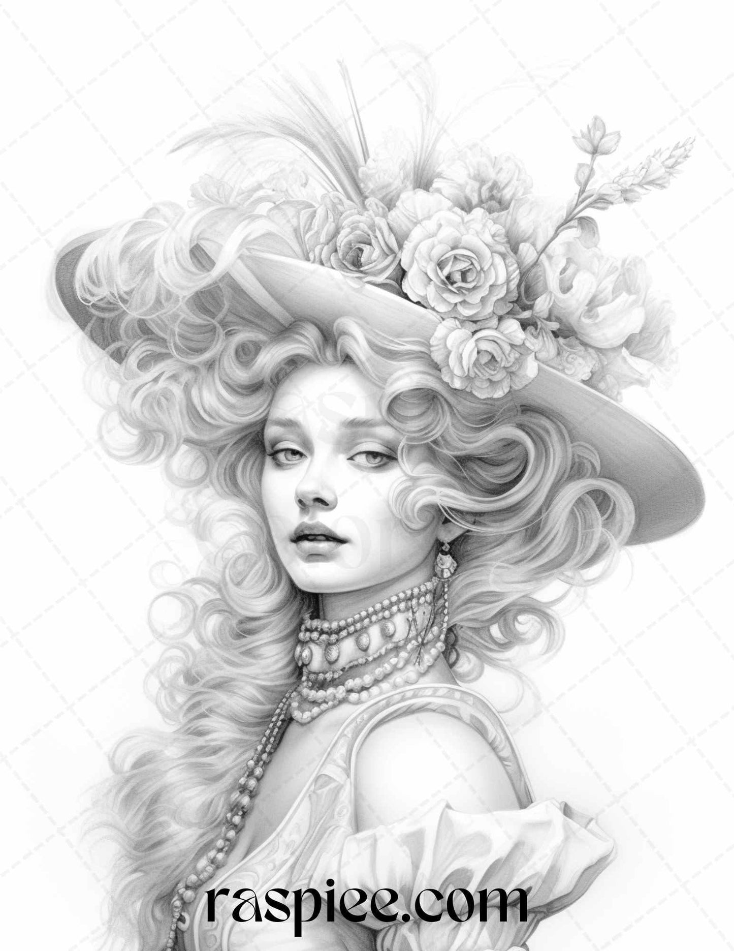 40 Baroque Women Portrait Grayscale Adult Coloring Pages Printable, PDF File Instant Download