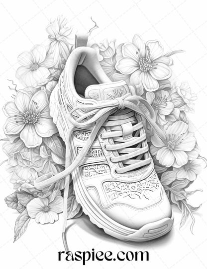 40 Flower Sneakers Grayscale Coloring Pages Printable for Adults, PDF File Instant Download