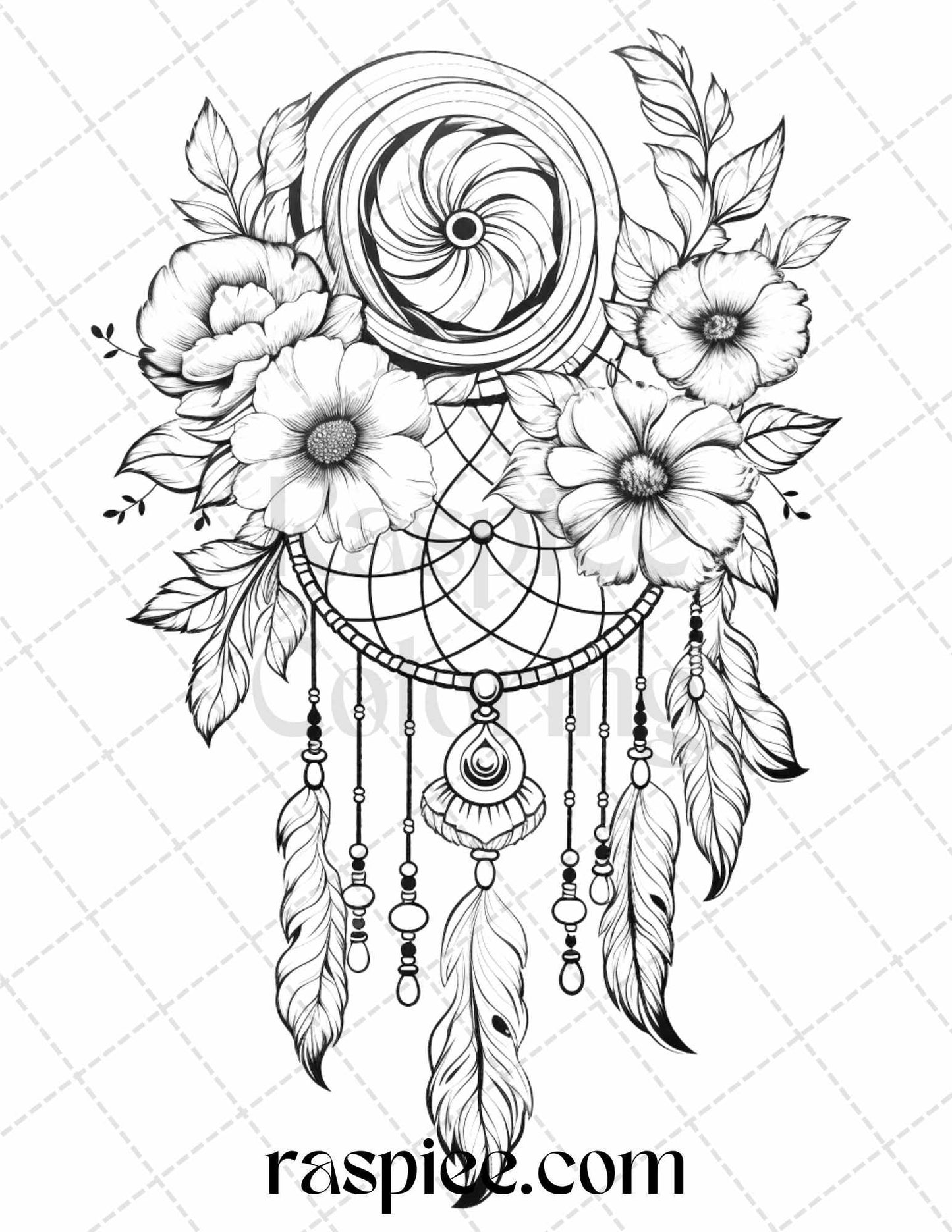 30 Flower Dreamcatcher Grayscale Coloring Pages Printable for Adults, PDF File Instant Download