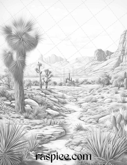 40 Desert Landscapes Grayscale Coloring Pages Printable for Adults, PDF File Instant Download