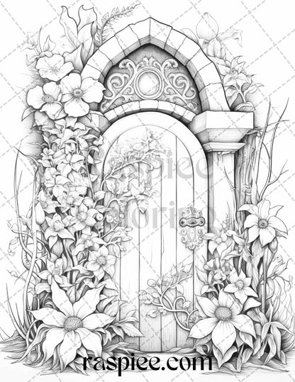 40 Flower Fairy Doors Grayscale Coloring Pages Printable for Adults, PDF File Instant Download