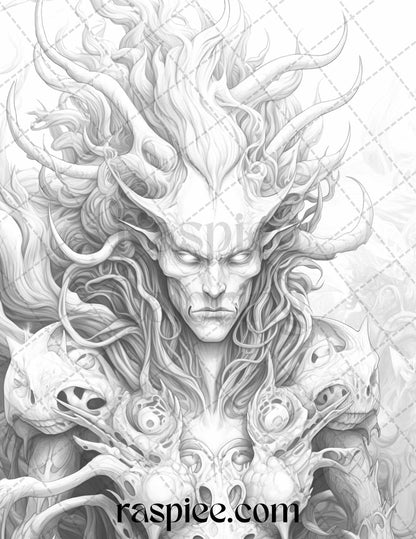 43 Fantasy Demons Grayscale Coloring Pages for Adults, Printable PDF File Instant Download