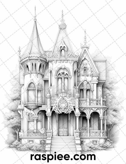 40 Victorian Mansions Grayscale Coloring Pages for Adults, Printable PDF Instant Download