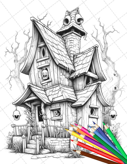 32 Spooky Houses Coloring Pages Printable for Adults, Grayscale Coloring Page, PDF File Instant Download