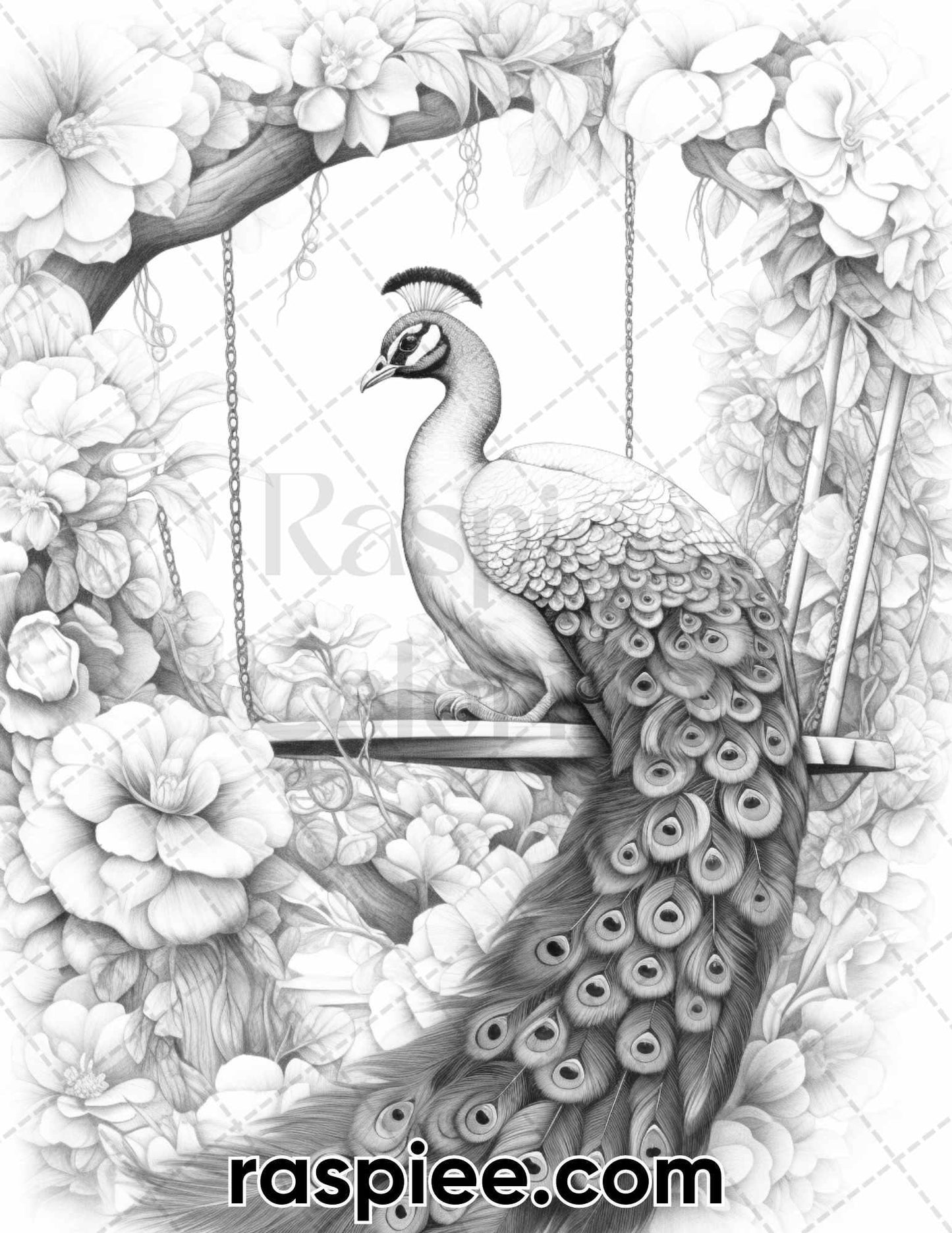 40 Majestic Peacocks Grayscale Adult Coloring Pages, Printable PDF Instant Download