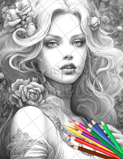 40 Beautiful Gothic Girls Grayscale Coloring Pages Printable for Adults, PDF File Instant Download