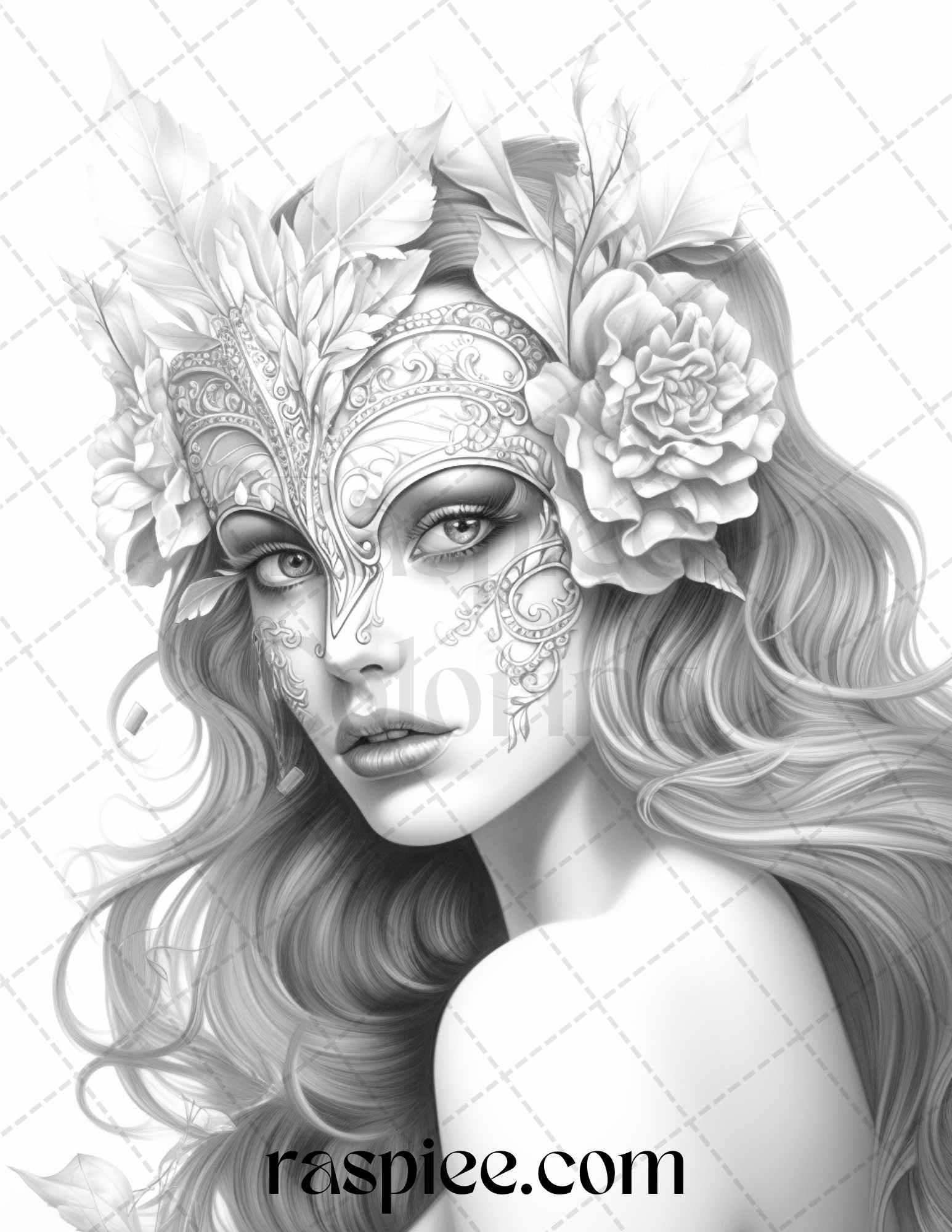 40 Masquerade Girls Grayscale Coloring Pages Printable for Adults, PDF File Instant Download