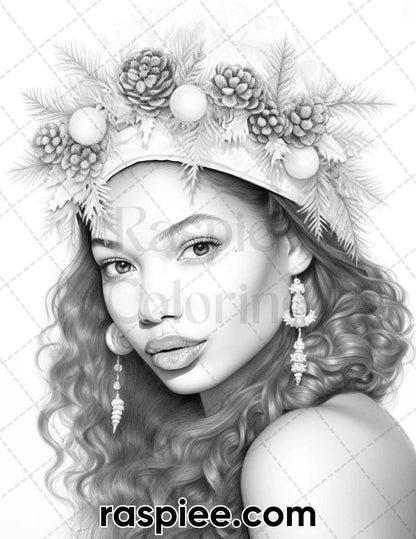 50 Christmas Black Beauties Portrait Grayscale Coloring Pages for Adults, Printable PDF Instant Download