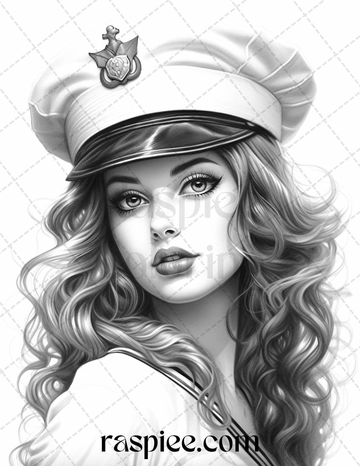 40 Sailor Pin Up Girls Grayscale Coloring Pages Printable for Adults, PDF File Instant Download