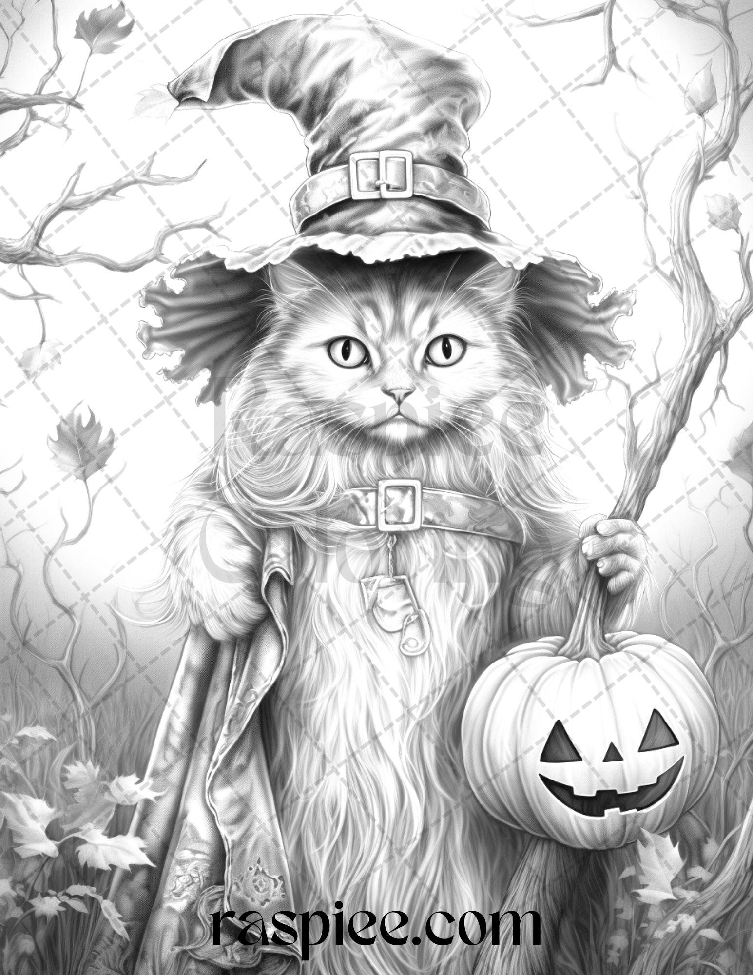 40 Halloween Witch Cat Grayscale Coloring Pages Printable for Adults, PDF File Instant Download