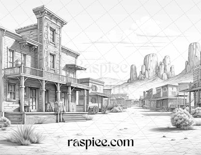 40 Wild West Towns Grayscale Coloring Pages Printable for Adults, PDF File Instant Download