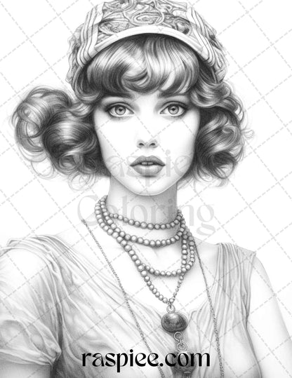 40 Beautiful Gatsby Girls Grayscale Coloring Pages Printable for Adults, PDF File Instant Download