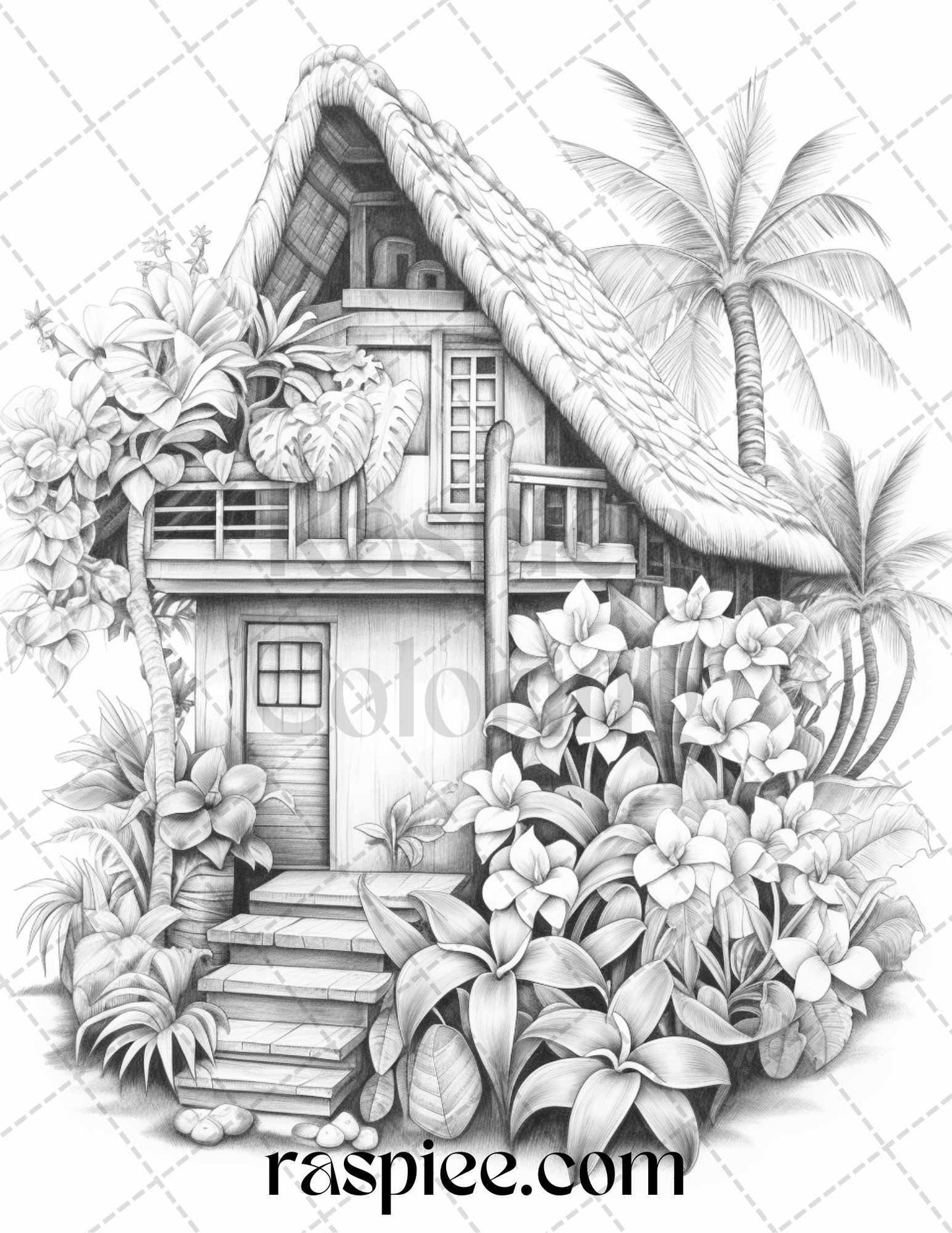 40 Hawaii Tiki Houses Grayscale Coloring Pages Printable for Adults, PDF File Instant Download