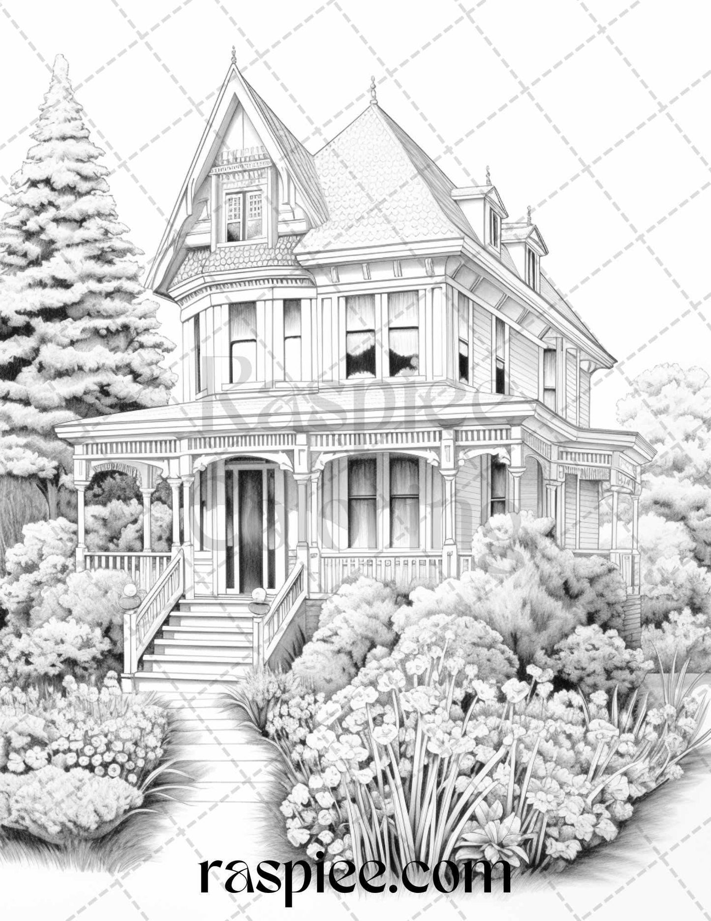 40 Victorian Houses Grayscale Coloring Pages Printable for Adults, PDF File Instant Download