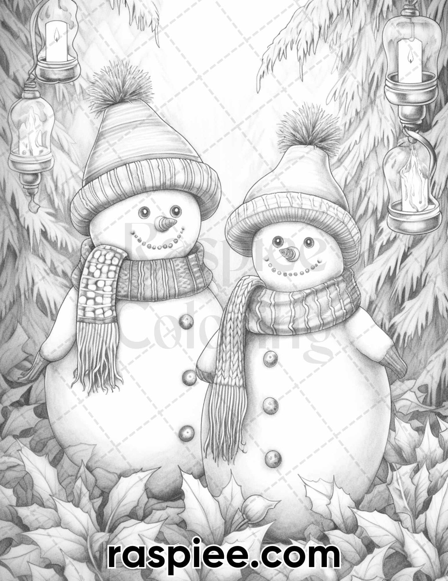 40 Chistmas Snowman Grayscale Coloring Pages for Adults, Printable PDF Instant Download