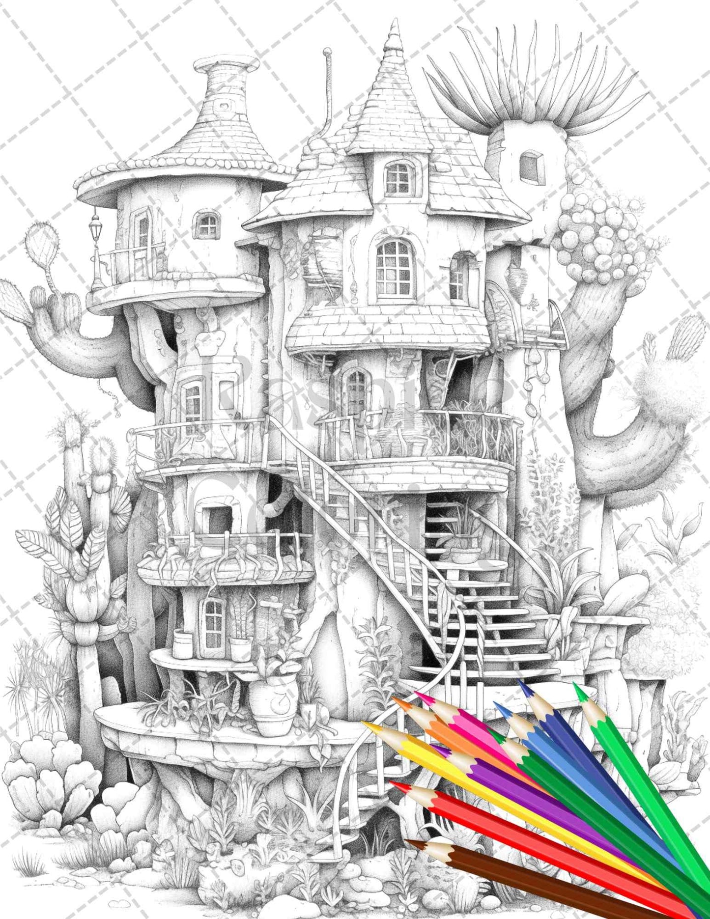 46 Fantasy Cactus Houses Grayscale Coloring Pages Printable for Adults, PDF File Instant Download