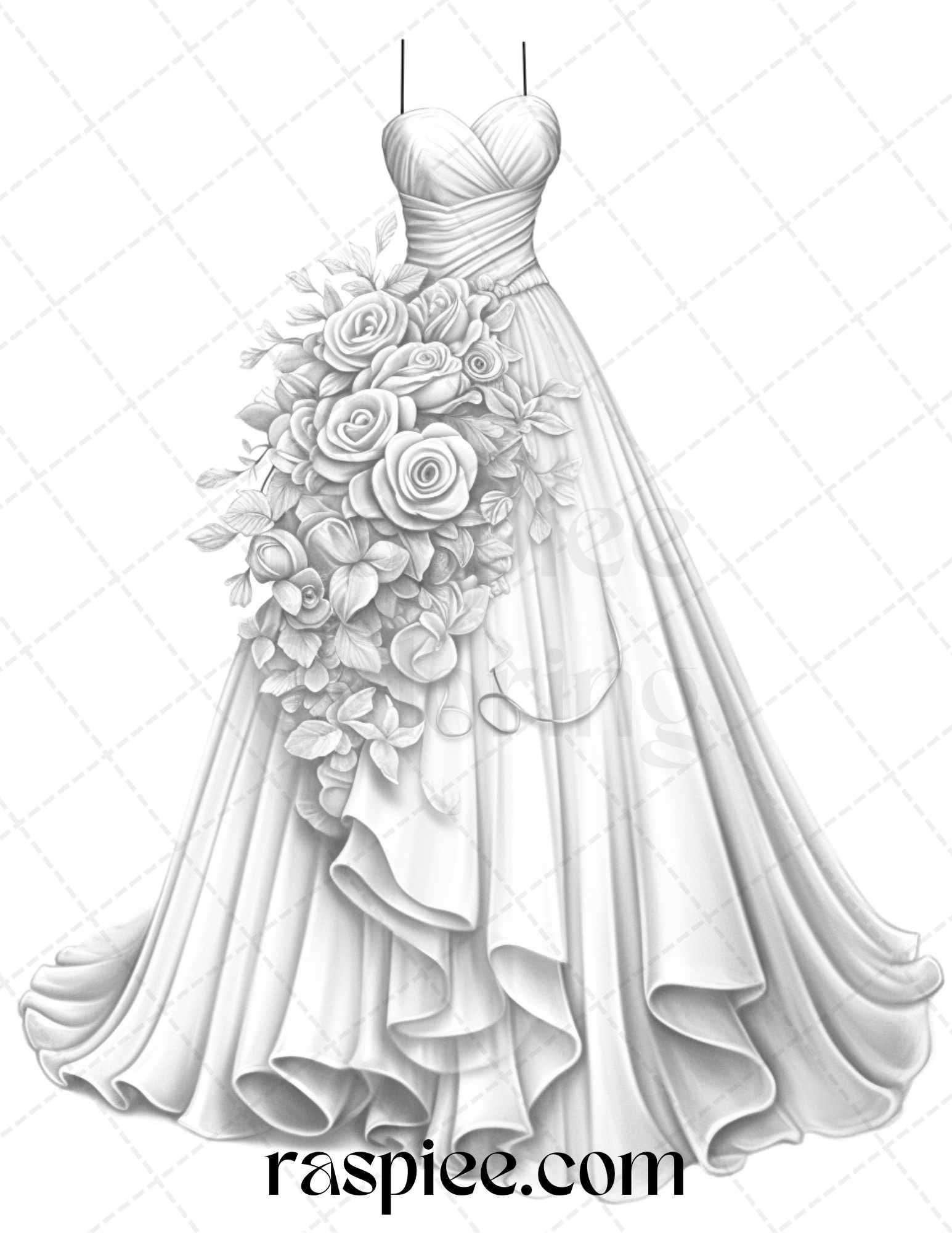 40 Elegant Floral Wedding Dresses Grayscale Coloring Pages Printable for Adults, PDF File Instant Download