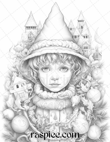 110 Christmas Elves Grayscale Coloring Pages Printable for Adults Kids, PDF File Instant Download