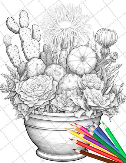 40 Charming Cactus Pots Grayscale Coloring Pages Printable for Adults, PDF File Instant Download