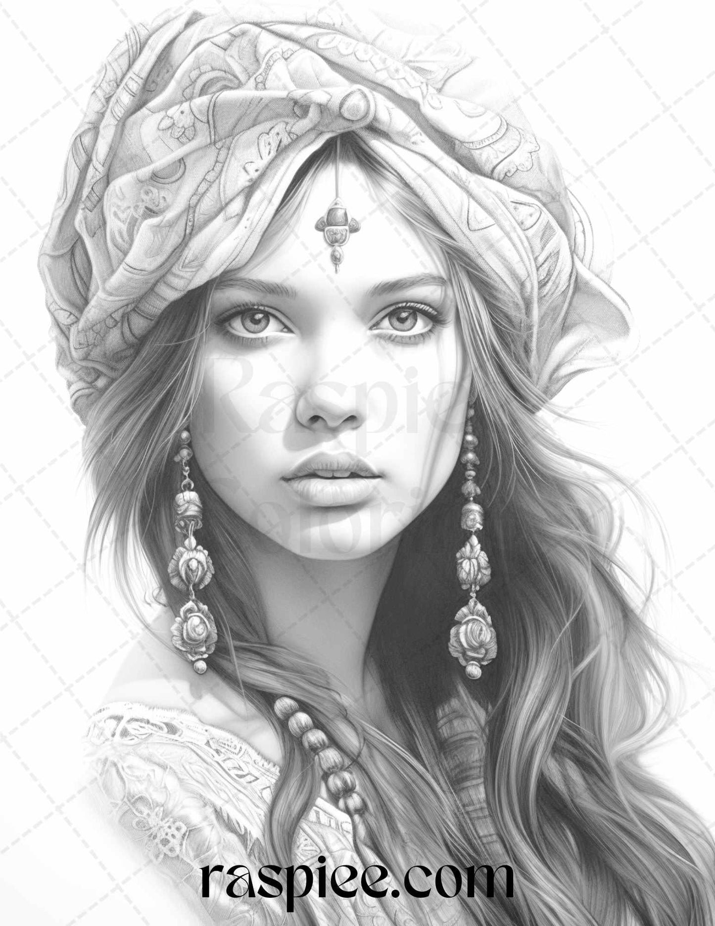 40 Beautiful Gypsy Girls Grayscale Coloring Pages Printable for Adults, PDF File Instant Download