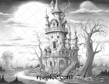 40 Halloween Landscapes Grayscale Coloring Pages Printable for Adults, PDF File Instant Download