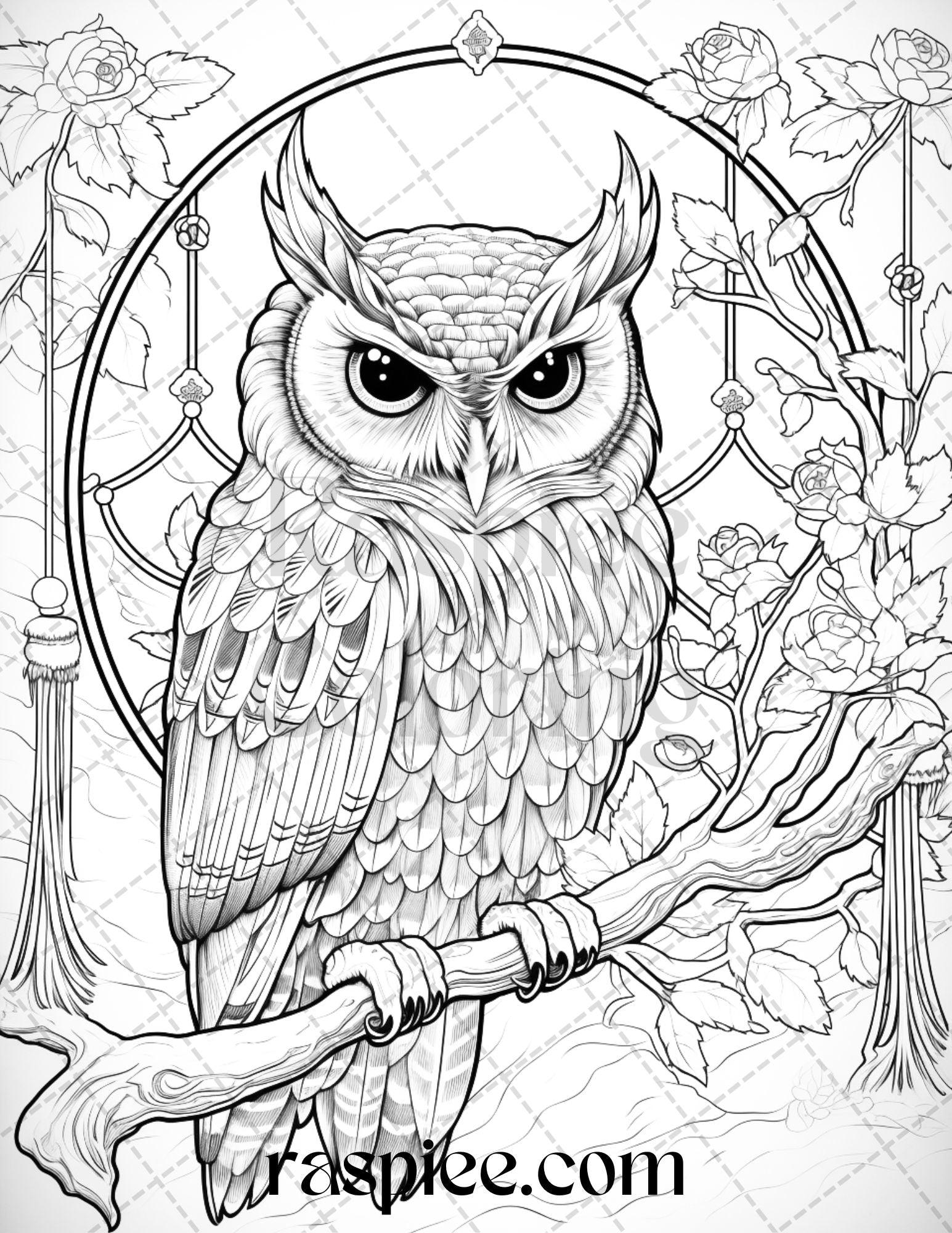 40 Floral Owl Grayscale Printable Coloring Pages for Adults, PDF File Instant Download