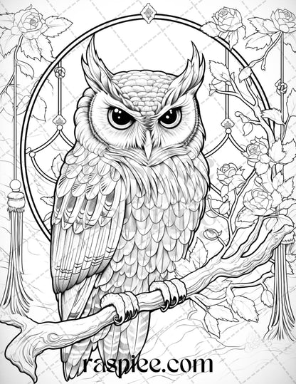 40 Floral Owl Grayscale Printable Coloring Pages for Adults, PDF File Instant Download