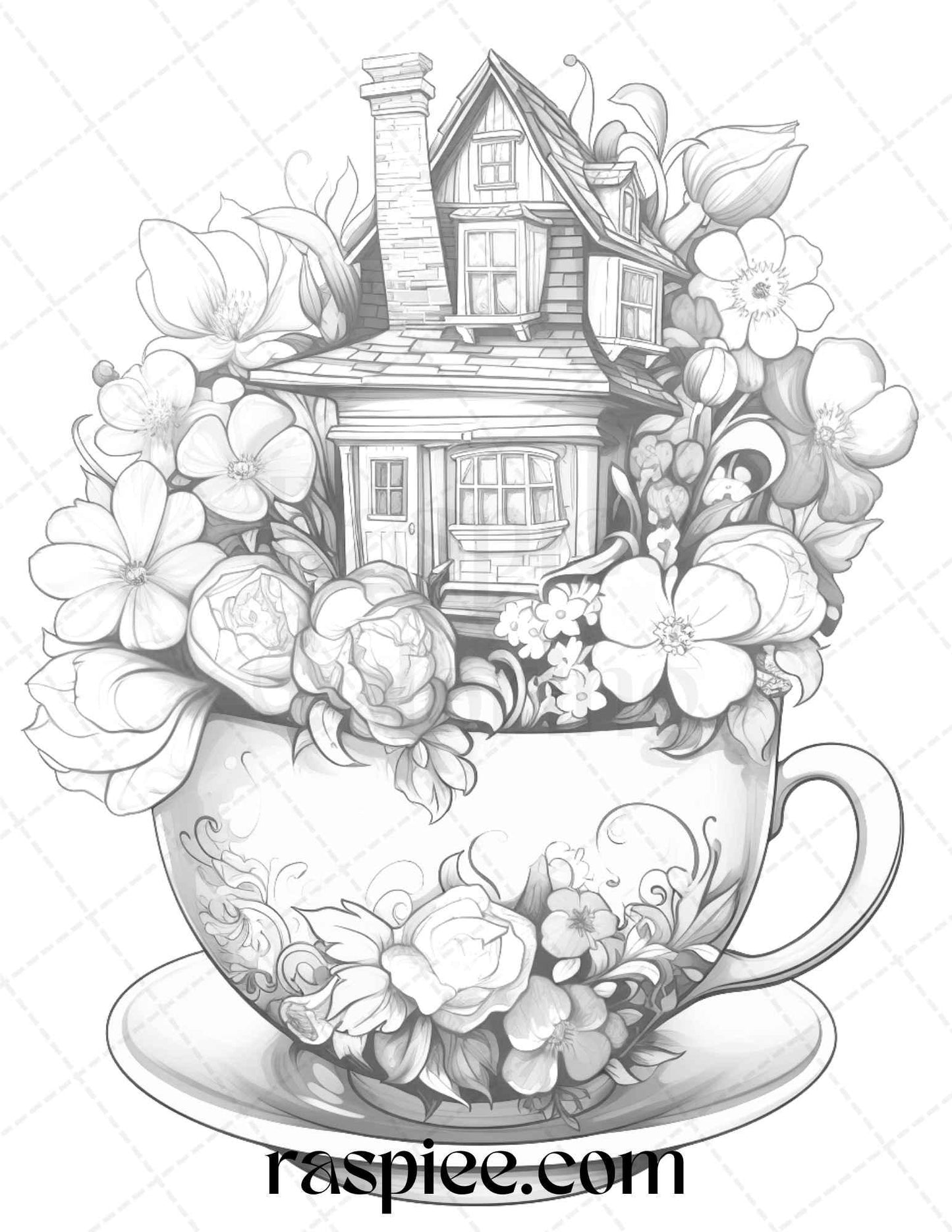 40 Flower Teacup Fairy Houses Grayscale Coloring Pages Printable for Adults, PDF File Instant Download