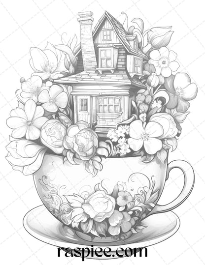 40 Flower Teacup Fairy Houses Grayscale Coloring Pages Printable for Adults, PDF File Instant Download