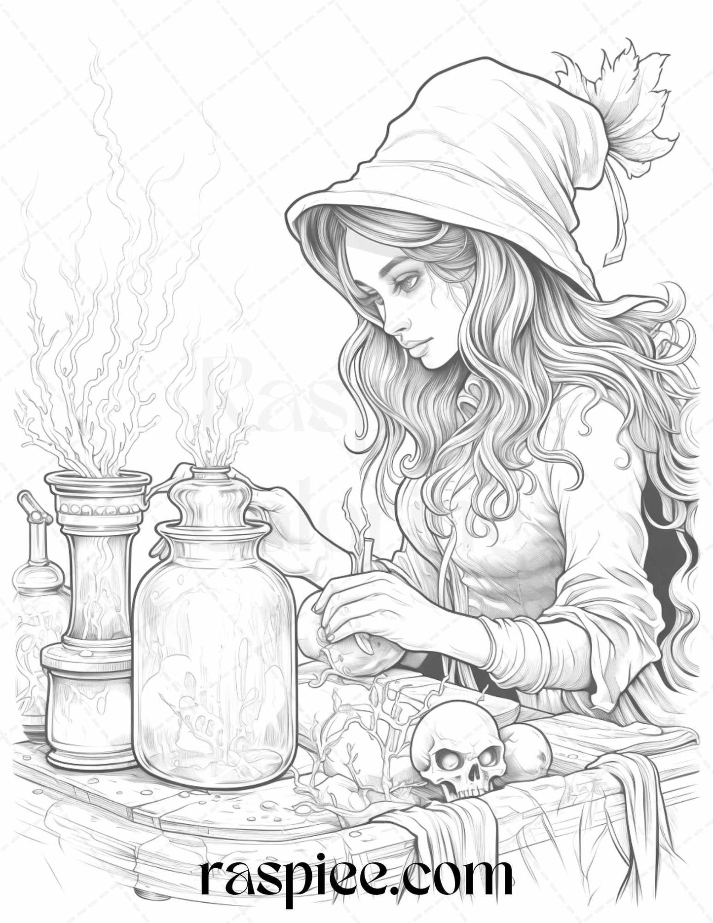 40 Witchy Land Grayscale Coloring Pages Printable for Adults, PDF File Instant Download