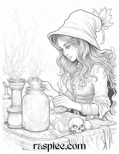 40 Witchy Land Grayscale Coloring Pages Printable for Adults, PDF File Instant Download