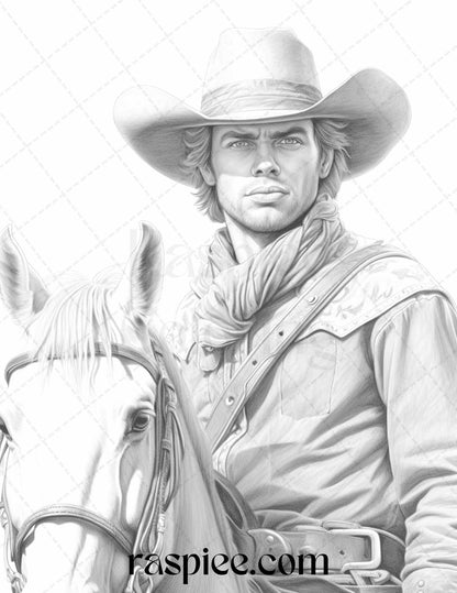 45 Wild West Cowboys Grayscale Coloring Pages Printable for Adults, PDF File Instant Download