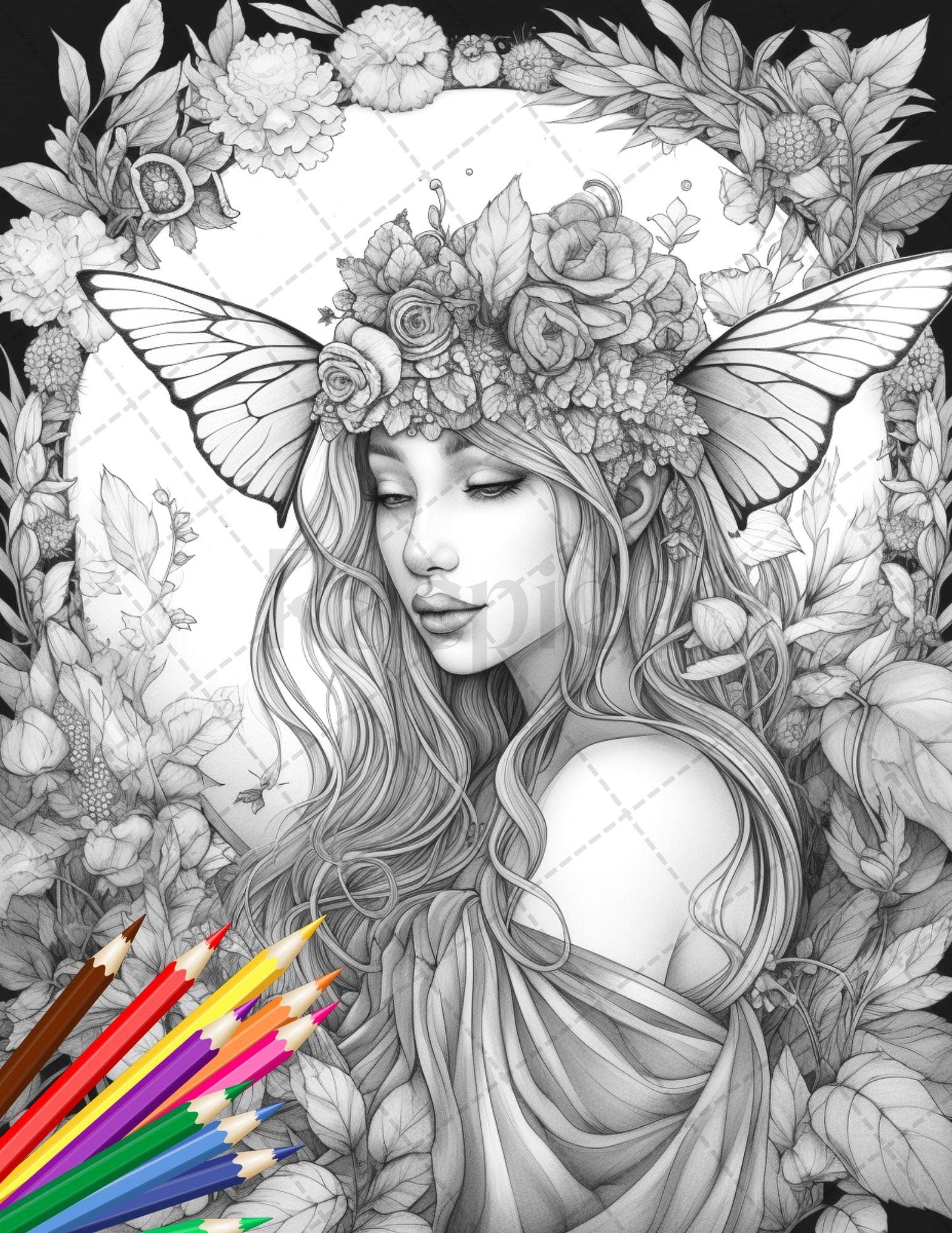 30 Beautiful Fairies Coloring Page Book for Adults, Flower Fairy Grayscale Coloring Book, Fairy Coloring Sheets, Printable PDF File Download