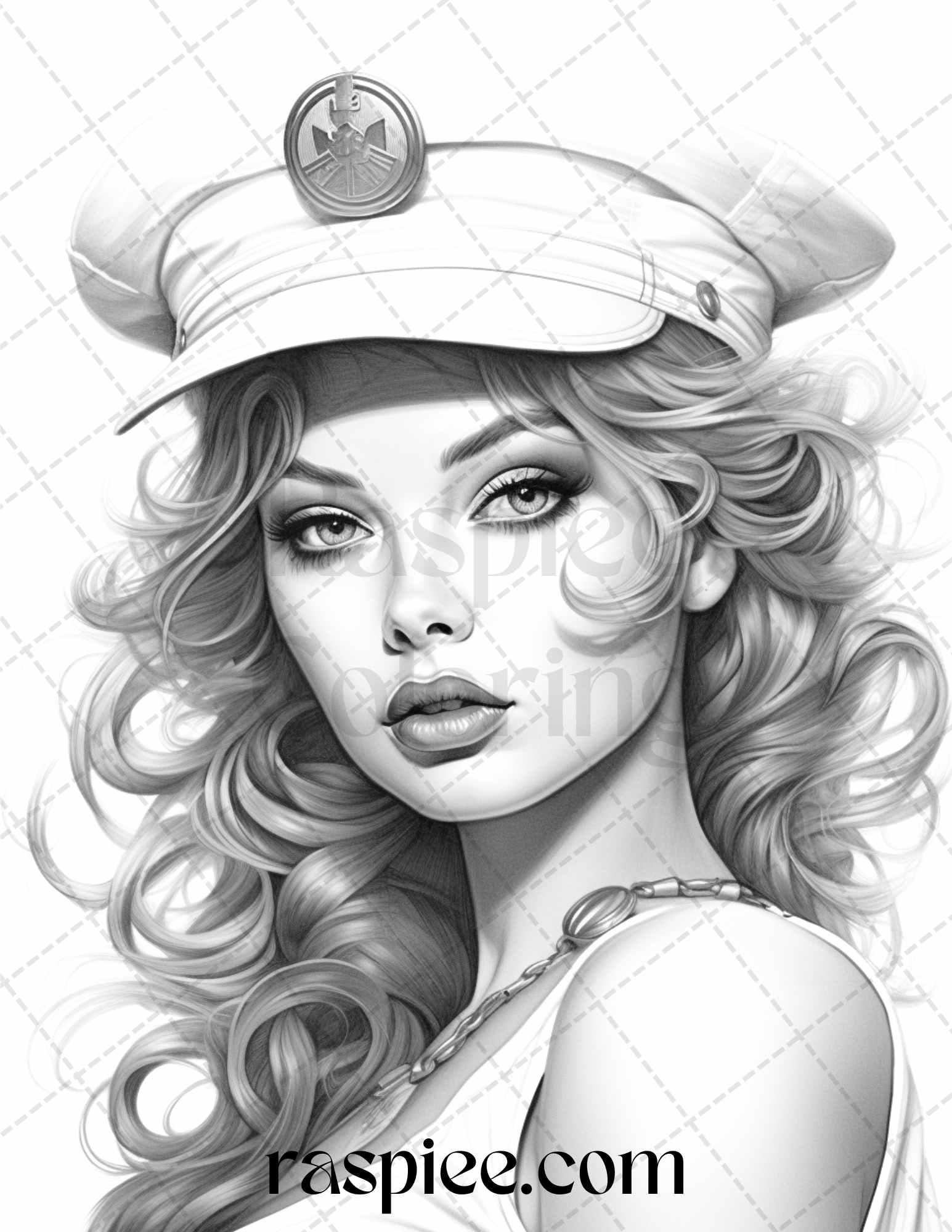 40 Sailor Pin Up Girls Grayscale Coloring Pages Printable for Adults, PDF File Instant Download